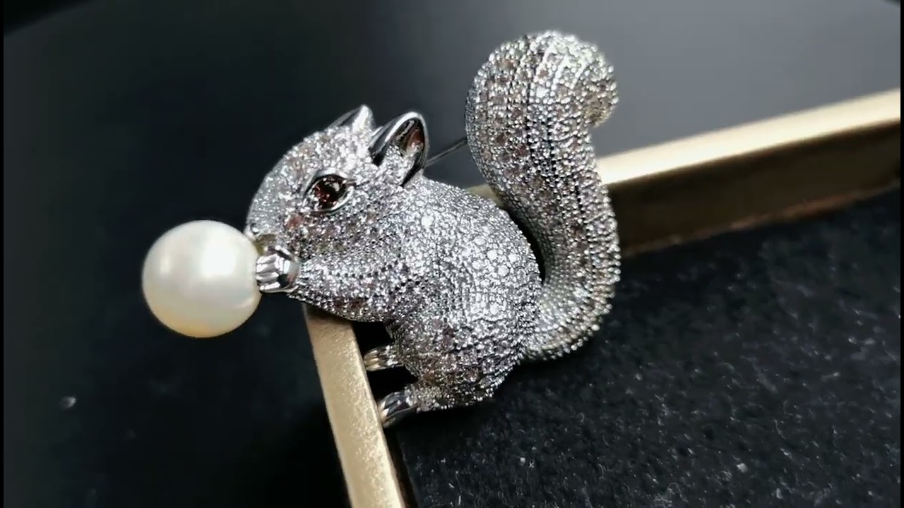 Cute White Mother of Pearl Nut Brown Eyes CZ Squirrel Brooches Pins