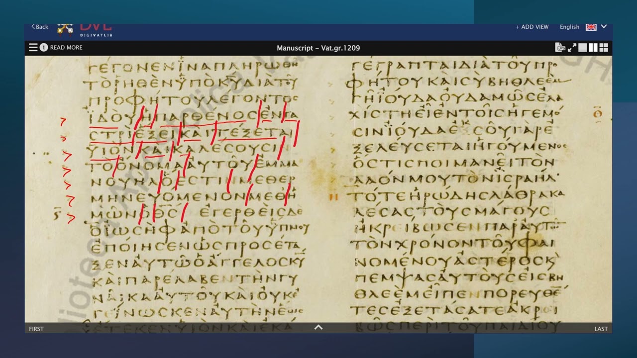 Diplae Sacrae for Isaiah 7:14 in Matthew 1:23 of Vaticanus