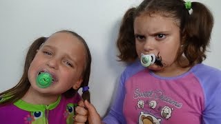 Bad Baby Victoria vs Crybaby Annabelle " Eats Cockroach" Toy Freaks Family