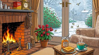 1950’s Cozy Winter Cabin Night | Vintage Oldies Playing in Another Room and it's Snowing