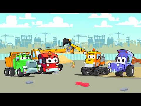 Die Baustellenfahrzeuge bauen eine Autowerkstatt und reparieren das blaue Auto - Vroom Vroom