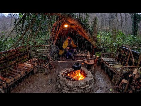 7 Days SOLO SURVIVAL CAMPING In RAIN, THUNDER - Building Warm BUSHCRAFT SHELTER - Lamb Cooking