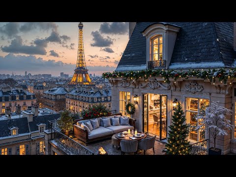Christmas Jazz in Paris ☕ Crackling Fireplace 🎄 Jazz Relaxing Music at Rooftop Christmas Ambience