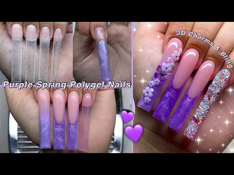 GLITTER PURPLE SPRING POLYGEL NAILS💜 HOW TO FRNECH TIP & 3D CHARMS DESIGN! | Nail Tutorial