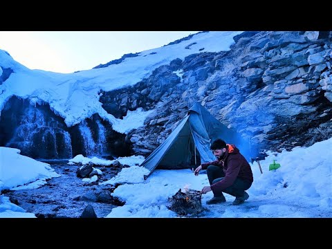 Solo Hot Tent Winter Camping in Deep Snow, Survival Camp by Waterfall, Snow Storm, Nature Sounds