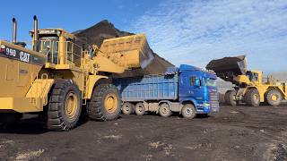 Two Cat 990 Wheel Loaders Loading Coal On Trucks At Massive Mine Deposit  - S.G.M Melidis - Ektor 4K