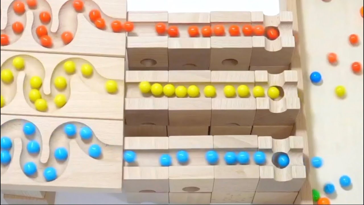 سباق الرخام ☆ منحدر HABA وشاحنة ماكيتا القديمة، والحفارة، وشاحنة القمامة، والشاحنة القلابة، وسيارات