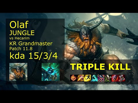 Olaf vs Hecarim Jungle - KR Grandmaster 15/3/4 Patch 11.8 Gameplay // [롤] 올라프 vs 헤카림 정글