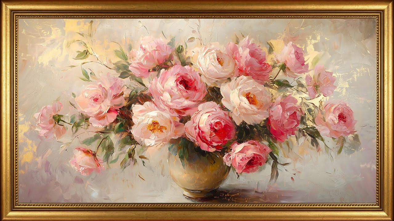 Romantic Valentine Floral Art Gallery | Soft Piano Music | Gold Frame TV Art Screensaver