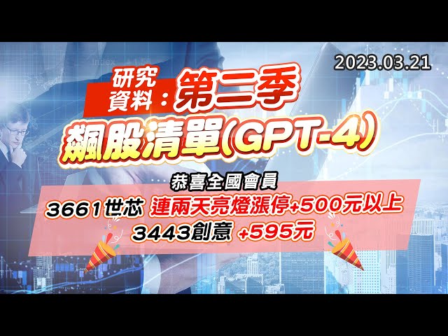 20230321《股市最錢線》#高閔漳 研究資料：第二季，飆股清單(GPT-4)””恭喜全國會員，3661世芯，連兩天亮燈漲停+500元以上；3443創意+595元