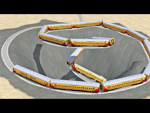 TRAINS ENTERING GIANT PIT HOLE | TRAINS VS GIANT PIT | CRAZY RAILROAD TRACKS | RailFun