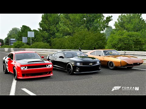 Forza 7 Drag race: Dodge Demon vs Camaro ZL1 (710hp) vs Dodge Charger Daytona (737hp)