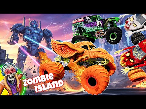 Monster Trucks vs Giant Robot Mayhem | Save K-Pop Demon Hunters! | Zombie Island Adventures #64