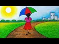 How to draw a girl with umbrella in summer season scenery | Summer season scenery drawing VERY EASY