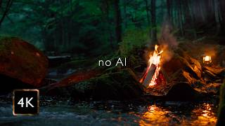 Real Campfire by the Night River — Hidden between Ancient Forest Rocks | Soothin