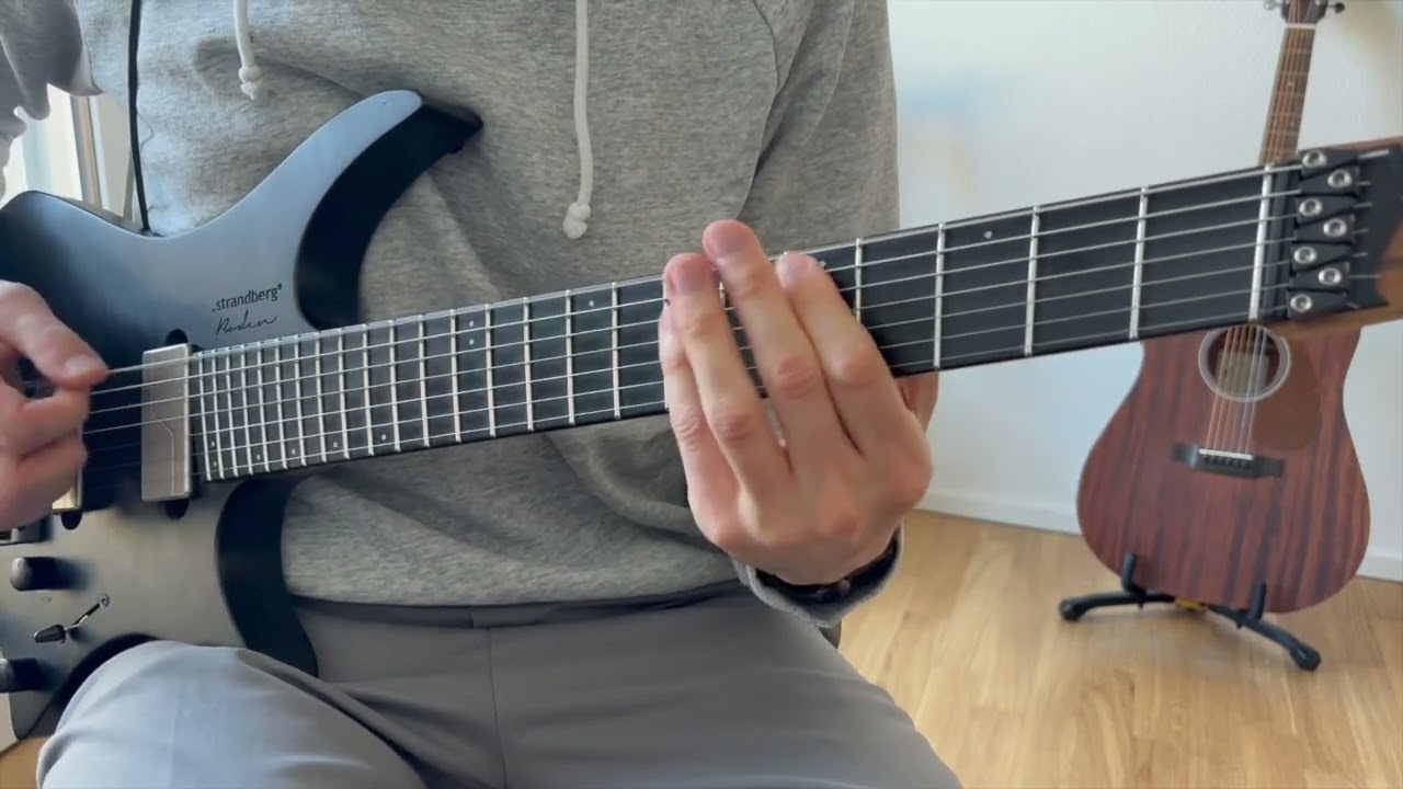 Roberto Barlocci playing an original displaced metal rhythm exercise on electric guitar.