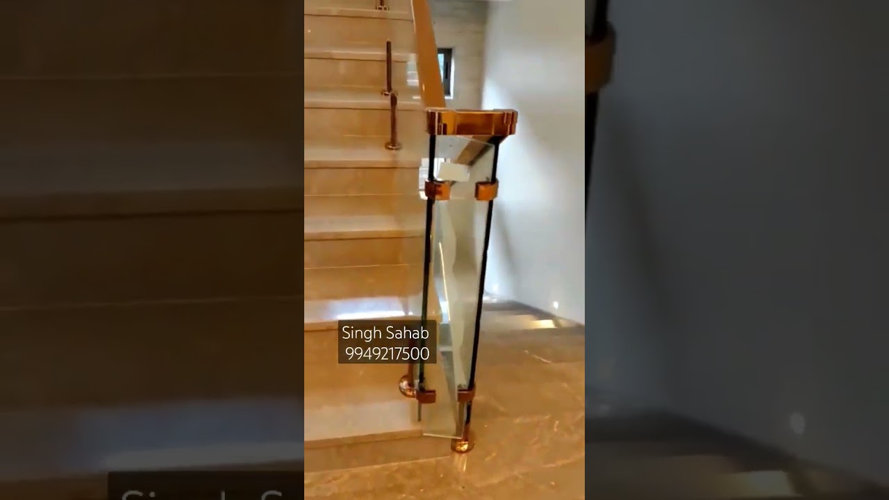 Golden PVD Coated Stainless Steel Railing for steps #interior #glass #golden #pvd #modularrailing