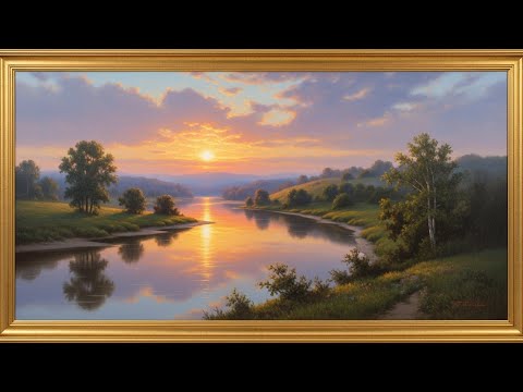 Frame TV Art with Music: Golden River Sunset | Classic Landscape Oil Painting | Nature Ambiance