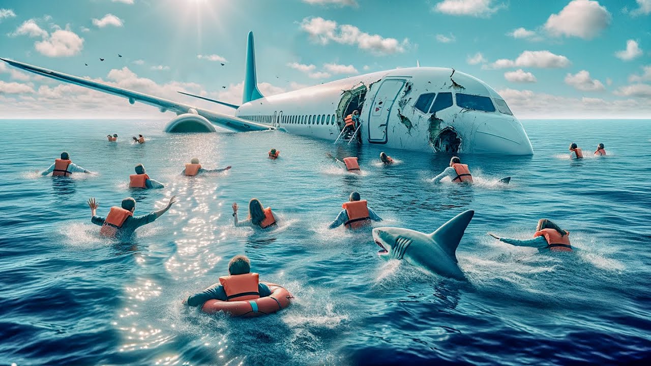 Avião Cheio de Passageiros Cai No Oceano e Enquanto Afunda aos Poucos, Tubarões os Atacam