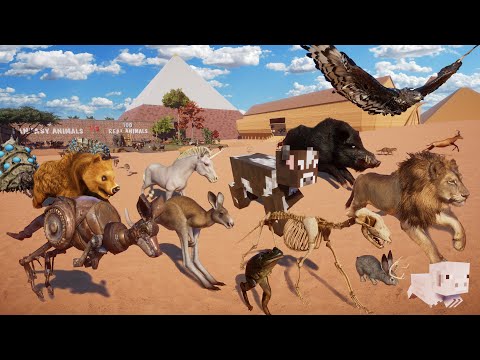 100 Fantasy Animals VS 100 Real Animals Race in Noah's Ark Planet Zoo included Elephant, & Giraffe