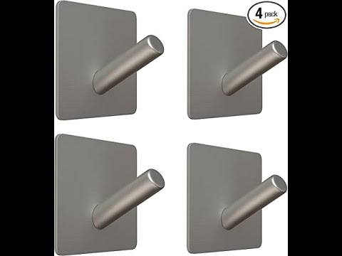 Adhesive Towel Hooks Wall Hooks for Hanging –Brushed Nickel SUS304 Stainless Steel Waterproof with Strong Adhesive Tapes – 3M Hooks for Bathroom Bedroom Kitchen Closet Cabinet –4 Pack