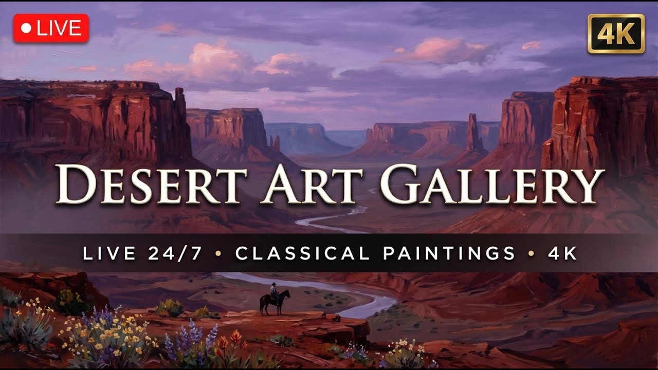Desert Oil Paintings - Acoustic Guitar & Southwest Art - 4K Live Art Gallery π΄ LIVE β 4K ambient art screensaver in baroque gold frame