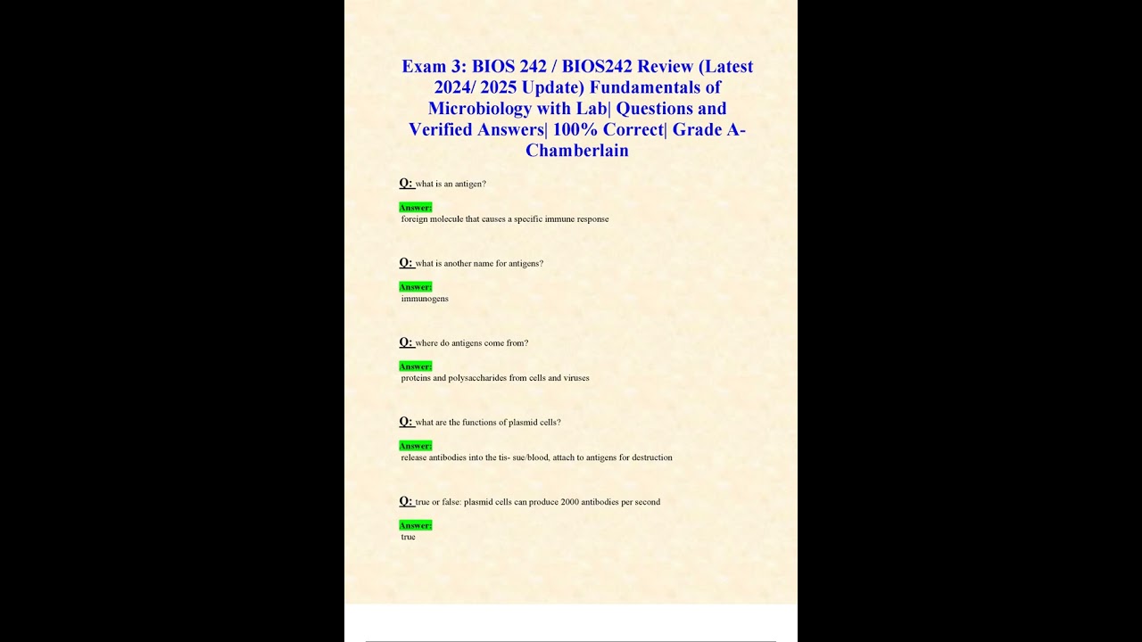 EXAM 3 BIOS 242 BIOS242 REVIEW LATEST 2024 2025 UPDATE FUNDAMENTALS OF MICROBIOLOGY WITH LAB QUESTIO
