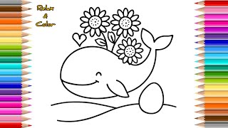 Relax & Color | Whale Coloring Page with Flowers | Calm & Satisfying Coloring