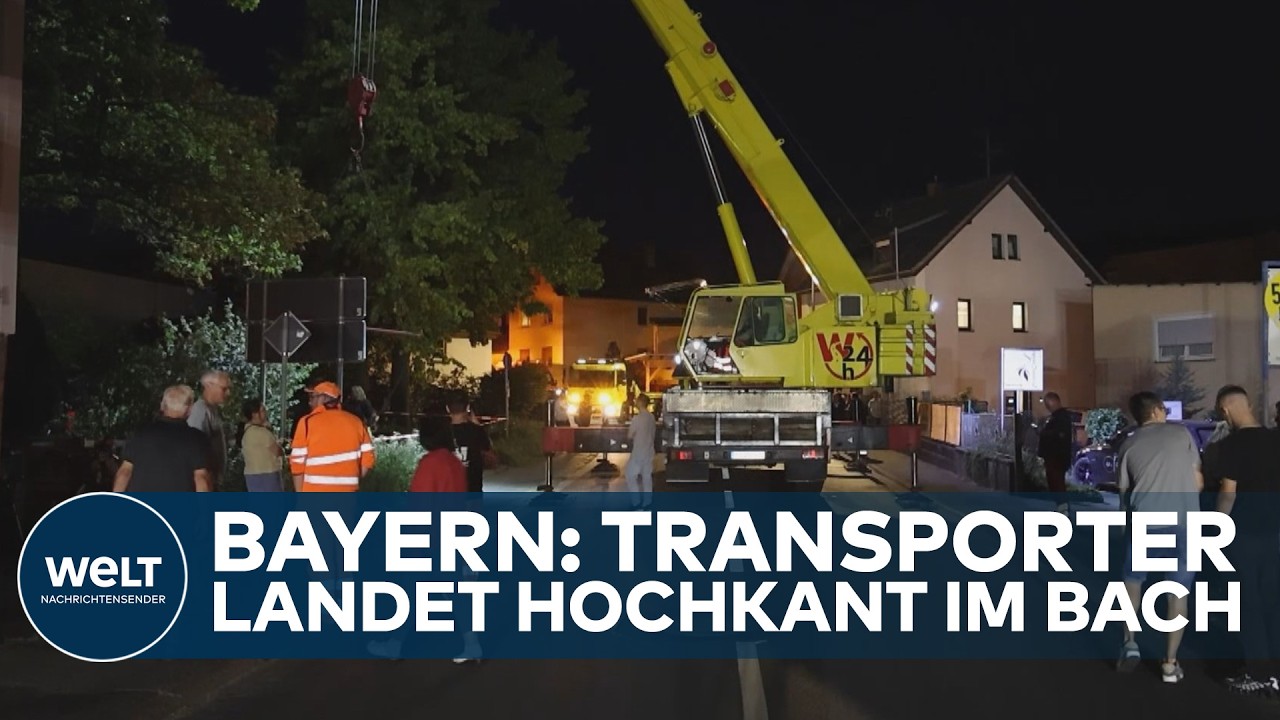 BAYERN: Transporter im Bach! Schwerlastkran muss Unfallwagen bergen