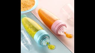 Baby Food Feeder Squeeze Cereal Feeding Bottle, 100% Silicone Nipple and Spoon BPA-Free