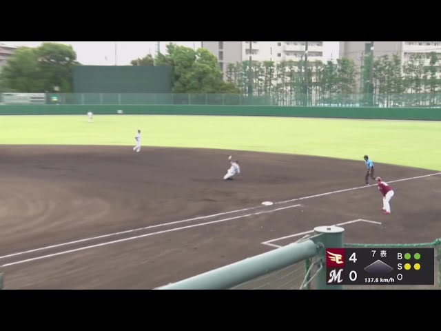 【ファーム】マリーンズ・山口航輝 イレギュラーバウンドのゴロをうまくさばいてアウトを取る!! 2025年7月12日 千葉ロッテマリーンズ 対 東北楽天ゴールデンイーグルス
