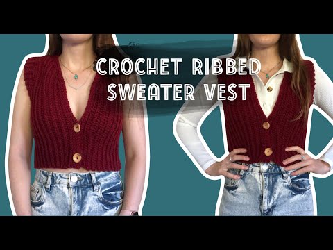 Crochet cropped ribbed button up sweater vest |...