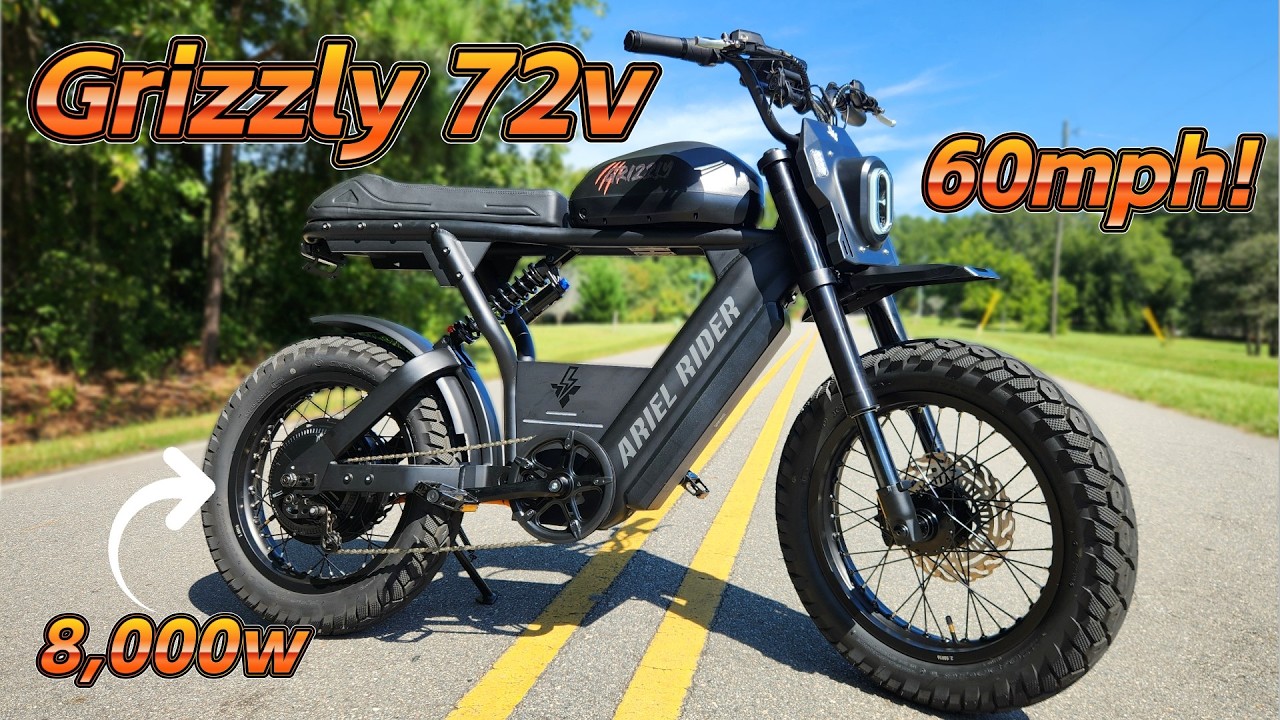 Ariel Rider Grizzly 72 volt electric bike on a country road