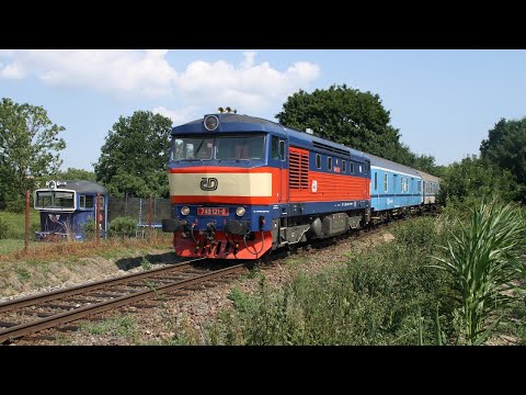 Tschechische „Bardotka“ ČD 749-121 passiert mit dem Sp1684 eine Gartenausstellung in Tochovice