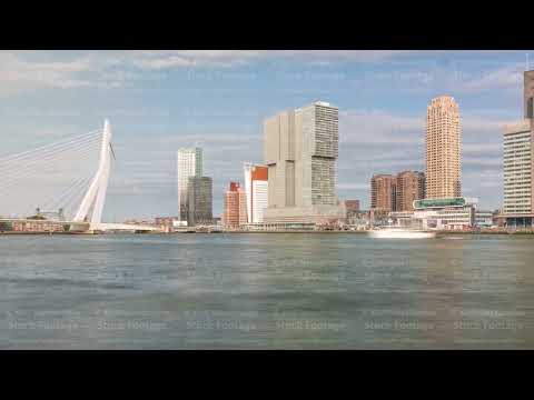 Panorama showing Rotterdam skyline timelapse from Nieuwe Maas River. Netherlands