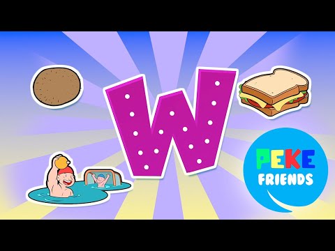 Descubre la letra "W" con divertidos dibujos de un kiwi, waterpolo, windsurf y un sándwich delicioso