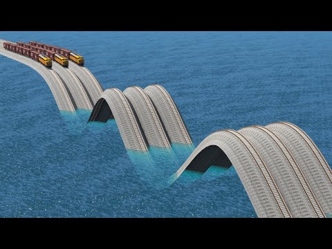 Impossible Weird Triple Wave Rail Tracks Vs Trains Crossing Giant Pit - BeamNG.Drive