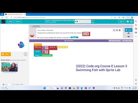 Code.org Course E Lesson 3 Swimming Fish with Sprite Lab