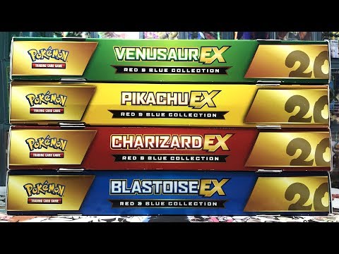 OPENING ALL 4 POKEMON RED AND BLUE COLLECTION BOXES! 16 GENERATIONS BOOSTER PACKS!!
