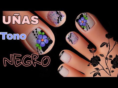 DISEÑO de UÑAS TONO NEGRO 🖤/Uñas con francés NEGRO Y FLOR MORADA./DECORA TUS UÑAS fácil y bonitas 😍.