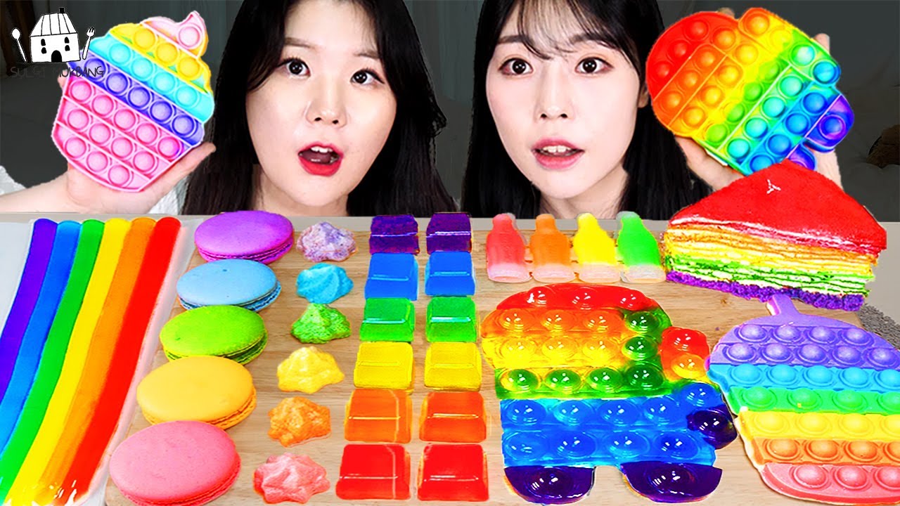 ASMR MUKBANG| 레인보우 디저트 팝잇 푸쉬팝 아이스크림 마카롱 젤리 먹방 & 레시피 DESSERT ICE CREAM MACARONS EATING