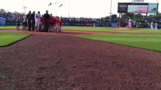 The kids on Slugger Field for the National Anthem