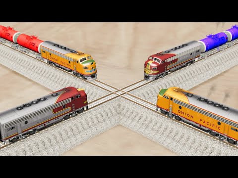 Impossible Four Overlapping Rail Tracks Vs Trains Crossing - BeamNG.Drive