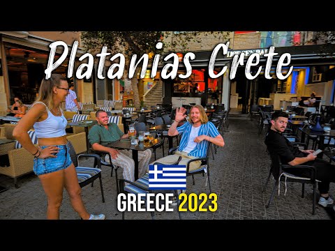 Platanias Crete, Chania, casual EVENING, walking tour 4k, Kreta, Greece 2023