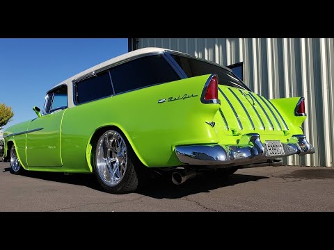 Customer Cruise-in #4 Wild lime green 1955 Chevy Nomad on Art Morrison chassis with LS3 engine.