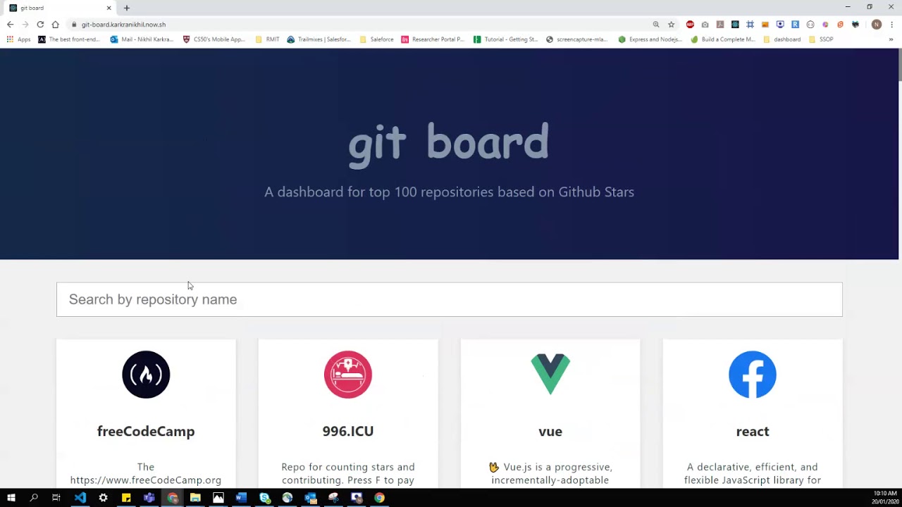 Git board using react - A dashboard for top 100 repositories based on GitHub Stars.