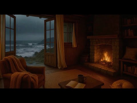 Beach Porch Storm Ambience | Fireplace, Rain, Thunder & Waves