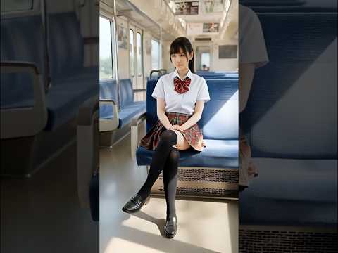 電車の中で交互に脚を組んでいる女子高生