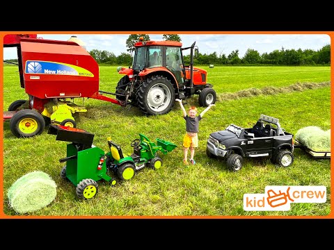 Baling hay with kids power wheel tractor & real tractor to feed horse on farm Educational | Kid Crew