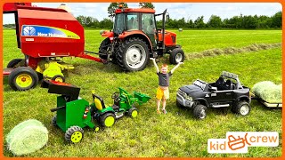 Baling hay with kids power wheel tractor &amp; real tractor to feed horse on farm Educational | Kid Crew